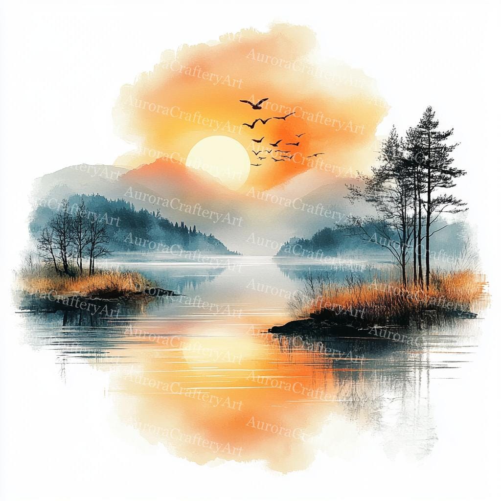 24 Lake Landscape Clipart, Watercolor River View, Forest Landscape