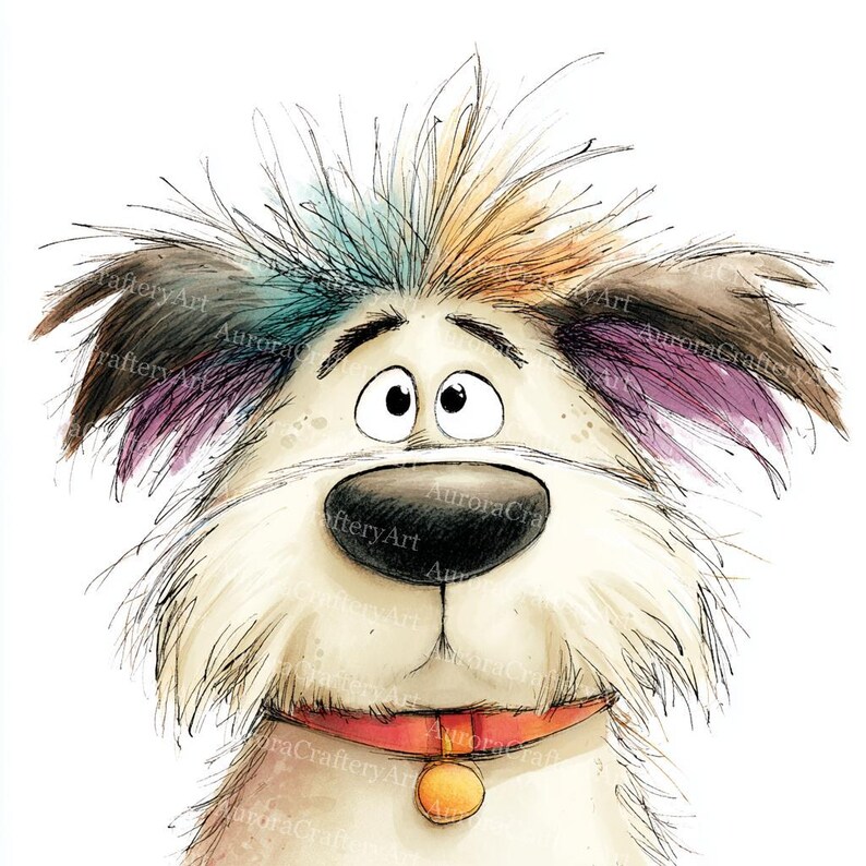 May include: A cartoon dog's face with a startled expression. The dog has fluffy white fur, a black nose, and a red collar with a gold tag. Its fur is highlighted with streaks of blue, orange, and purple.