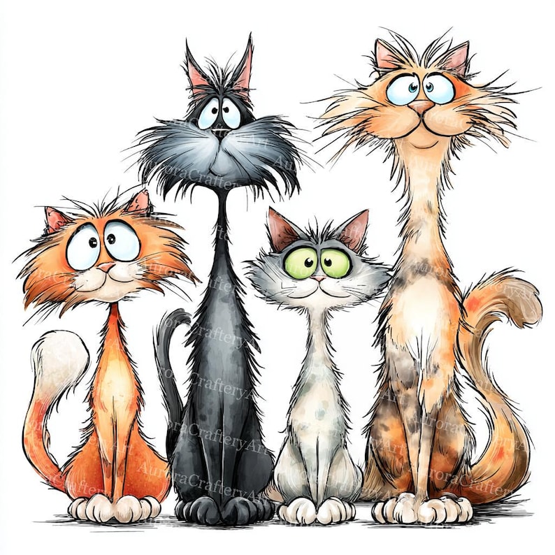 13 udda katter clipart, nyckfull kattunge clipart, högkvalitativ JPG, akvarell clipart, skräpjournal, digital nedladdning, papperspyssel clipart bild 7