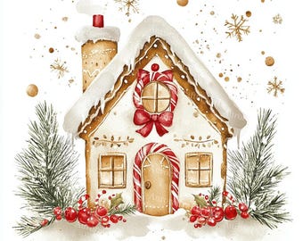 May include: Watercolor illustration of a gingerbread house with snow-covered roof, chimney, and candy cane door. Decorated with a red bow, holly, and berries. Gold snowflakes and accents add a festive touch, with pine branches on either side.