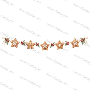 Puede incluir: Una guirnalda horizontal con cinco galletas de jengibre marrones en forma de estrella decoradas con patrones de glaseado blanco, intercaladas con ramas de pino verdes y racimos de bayas rojas, terminada con lazos de cuerda en los extremos.