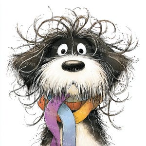 May include: A charming illustration of a dog with a black and white coat and a colourful scarf. The dog has a fluffy appearance with expressive eyes. The scarf is a mix of purple, blue, and orange. The artwork has a whimsical, hand-drawn style.