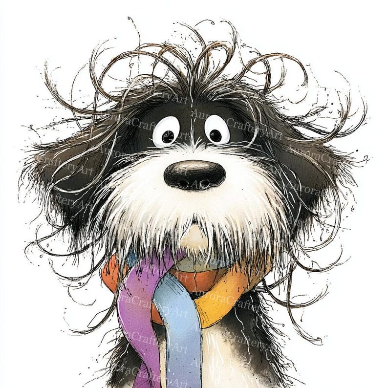 May include: A charming illustration of a dog with a black and white coat and a colourful scarf. The dog has a fluffy appearance with expressive eyes. The scarf is a mix of purple, blue, and orange. The artwork has a whimsical, hand-drawn style.