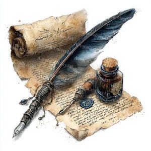 May include: An antique-style illustration featuring a quill pen, ink bottle, and aged parchment. The quill has a dark blue feather and ornate metal detailing. The ink bottle is small, square, and has a cork stopper. The parchment is rolled and covered in handwritten script.