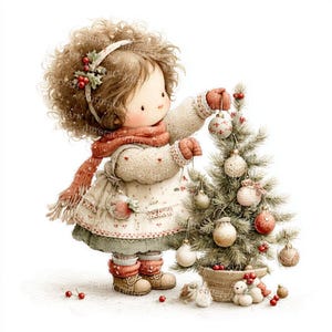 May include: A watercolor illustration of a young child decorating a small Christmas tree. The child wears a white dress, red scarf, and mittens, and is adorned with a holly berry headband. The tree is decorated with ornaments and sits in a woven basket.