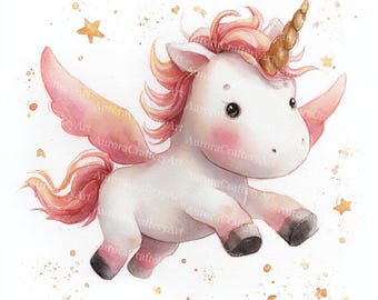 23 Pastel Unicorn Clipart: Watercolor Nursery Art, Commercial License (JPG Digital Download)