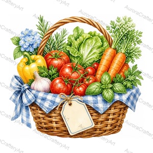 May include: A woven wicker basket filled with fresh produce including red tomatoes, orange carrots, a yellow bell pepper, a head of lettuce, garlic, and green herbs. The basket is lined with a blue and white checkered cloth and has a blank tag.