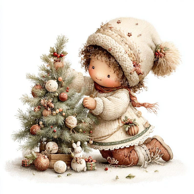 May include: A whimsical illustration of a child decorating a small Christmas tree. The child wears a cream-colored outfit, a matching hat with a pom-pom, and a red scarf. The tree is adorned with ornaments and sits next to gifts and a toy bunny.