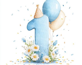 May include: Watercolor illustration of a light blue number one with a party hat, two balloons, and a floral arrangement of daisies and blue flowers. Confetti is scattered around the number. A festive design for a first birthday.
