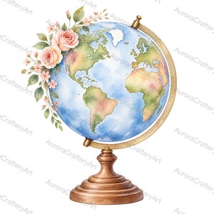May include: A globe featuring a watercolour map of the world in shades of blue and green, accented by a cluster of soft pink roses and green leaves on the upper left side. The globe is supported by a metallic gold meridian and a wooden base.