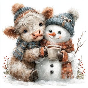 May include: A watercolor illustration of a Highland cow and a snowman embracing. Both are wearing blue and orange patterned hats and scarves. The snowman holds a cup of hot chocolate. The image has a winter theme.