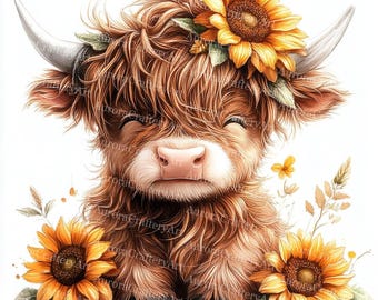 15 Highland Cow zonnebloemen clipart, baby Highland Cow, lentebloemen, afdrukbare aquarel, hoogwaardige JPG's, Paper Craft, Junk Journal