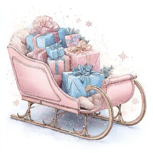 14 Pink Christmas Sled With Presents Clipart, Christmas Card, Printable Watercolor, High Quality JPGs, Paper Craft, Junk Journal