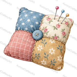 May include: A square pincushion made of four distinct fabric patches: blue with white polka dots, cream with pink roses, pink with a white grid pattern, and mustard yellow with white flowers. A blue button sits in the centre with three sewing pins.