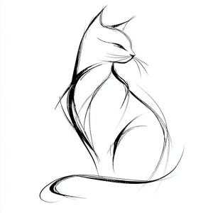 May include: A minimalist black and white illustration of a cat in a seated position, facing right. The artwork features flowing, expressive lines that create the cat's form, with a long, curved tail. The cat's eyes are closed, and whiskers are visible.