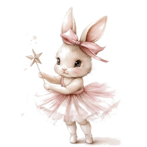 May include: A watercolor illustration of a white bunny wearing a pink tutu, bow, and holding a star-shaped wand. The bunny has large, dark eyes and is depicted in a whimsical, fairytale style. The background is white with a few small stars.