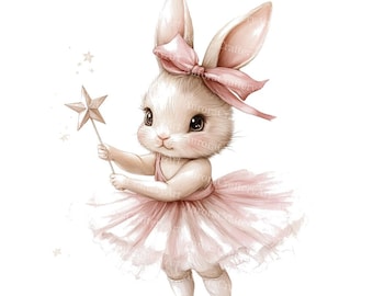 Può includere: Illustrazione ad acquerello di un coniglietto bianco con tutù rosa, fiocco e bacchetta a forma di stella. Il coniglietto ha grandi occhi scuri ed è raffigurato in uno stile stravagante e fiabesco. Lo sfondo è bianco con alcune piccole stelle.