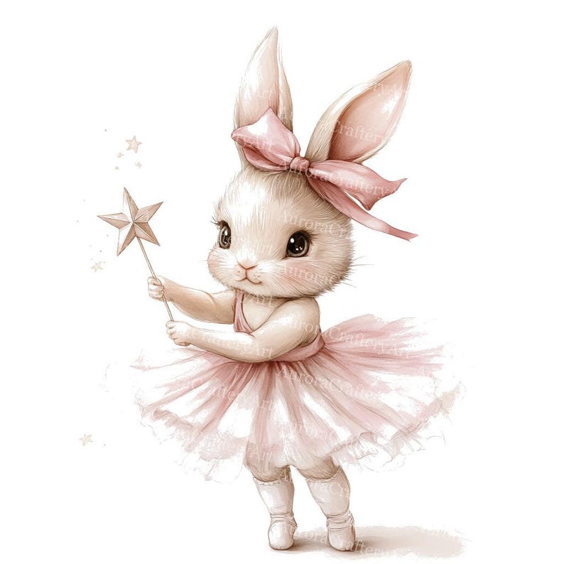 May include: A watercolor illustration of a white bunny wearing a pink tutu, bow, and holding a star-shaped wand. The bunny has large, dark eyes and is depicted in a whimsical, fairytale style. The background is white with a few small stars.