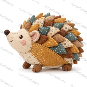 May include: A fabric hedgehog figurine featuring a cream-coloured face with a brown nose and pink cheeks. The body is covered in layered, triangular fabric patches in shades of mustard yellow, teal, and brown, some with floral patterns.