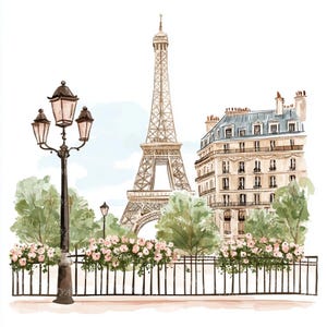 K&ouml;nnte beinhalten: Aquarellillustration des Eiffelturms in Paris, Frankreich, mit einem klassischen Pariser Geb&auml;ude und einer dekorativen Stra&szlig;enlaterne. Rosa Blumen s&auml;umen einen schwarzen schmiedeeisernen Zaun. Gr&uuml;ne B&auml;ume und ein hellblauer Himmel vervollst&auml;ndigen die Szene.