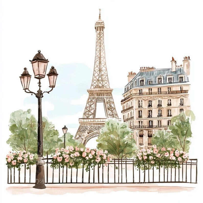 K&ouml;nnte beinhalten: Aquarellillustration des Eiffelturms in Paris, Frankreich, mit einem klassischen Pariser Geb&auml;ude und einer dekorativen Stra&szlig;enlaterne. Rosa Blumen s&auml;umen einen schwarzen schmiedeeisernen Zaun. Gr&uuml;ne B&auml;ume und ein hellblauer Himmel vervollst&auml;ndigen die Szene.