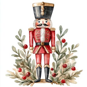 Könnte beinhalten: Aquarell-Illustration eines traditionellen Weihnachtsnussknackersoldaten. Der Nussknacker trägt eine rote Uniform mit goldenen Akzenten, eine schwarze Mütze und einen weißen Bart. Das Bild ist von grünen Blättern und roten Beeren umgeben.