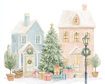 May include: Watercolor illustration of a Christmas scene featuring two houses, a decorated Christmas tree, and wrapped gifts. The houses are light blue and pink with snow-covered roofs. A lamppost and potted trees complete the festive holiday scene.