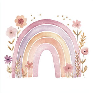 Peut inclure: Illustration à l'aquarelle d'un arc-en-ciel aux couleurs pastel, entouré de fleurs et d'éléments dorés. L'arc-en-ciel présente des nuances de rose, de violet et de pêche. Les fleurs sont dans des tons roses et violets. Thème général : fantaisie et floral.