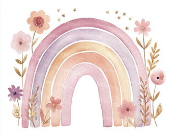 25 Boho Girl Rainbow Clipart, Cute Pink Purple Nursery Rainbow, Gold Foil, Printable Watercolor, High-Quality JPG, Paper Craft, Junk Journal