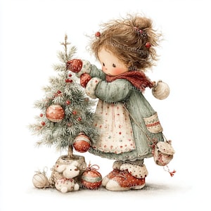 May include: Watercolor illustration of a young girl decorating a small Christmas tree. She wears a green coat, red scarf, and mittens, with red and white boots. Ornaments and a stuffed animal are at the base of the tree.