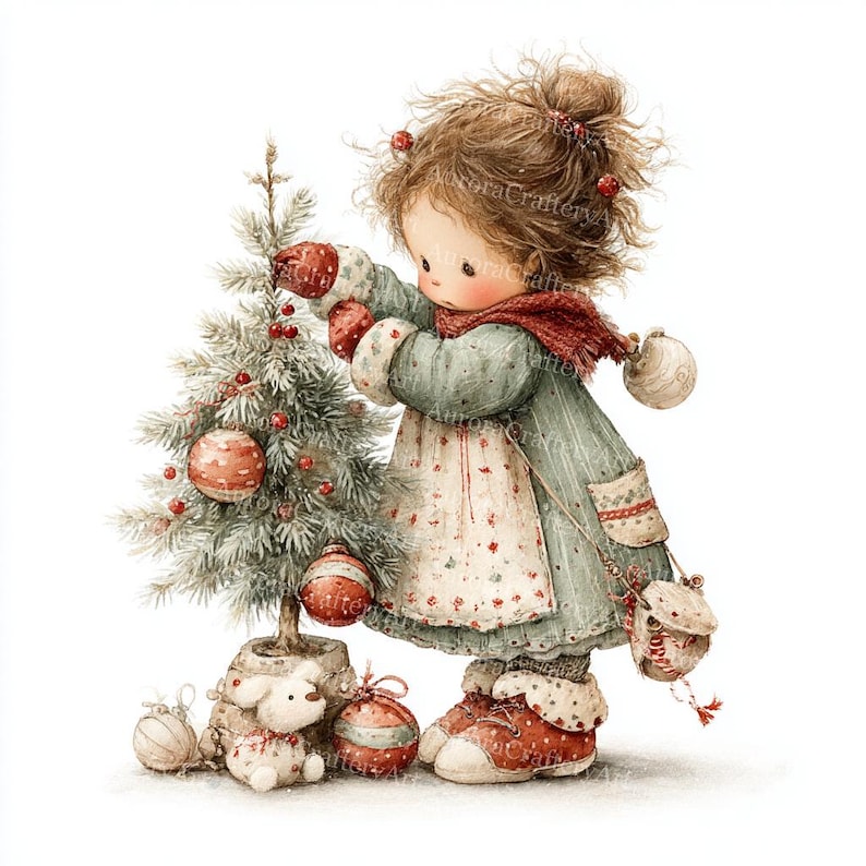 May include: Watercolor illustration of a young girl decorating a small Christmas tree. She wears a green coat, red scarf, and mittens, with red and white boots. Ornaments and a stuffed animal are at the base of the tree.