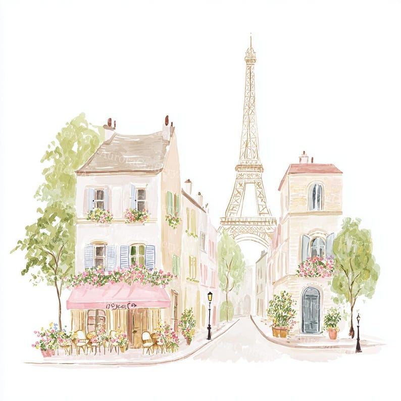 K&ouml;nnte beinhalten: Aquarellmalerei einer Pariser Stra&szlig;enszene mit Geb&auml;uden, B&auml;umen und dem Eiffelturm. Ein Caf&eacute; mit rosa Markise und Sitzgelegenheiten im Freien befindet sich im Vordergrund. Das Kunstwerk hat eine weiche, pastellfarbene Farbpalette.