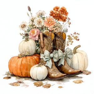 May include: Watercolor illustration of brown cowboy boots adorned with light blue bows, surrounded by pumpkins and a bouquet of flowers in shades of orange, white, and pink. Autumn-themed artwork with fall leaves.