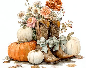 20 Fall Cowgirl Boots Clipart, Western Autumn Floral Design, Western Fall, Floral Pumpkin, Coquette Fall, Watercolor Printable, JunkJournal
