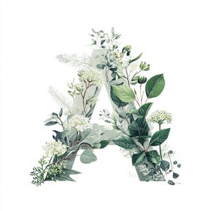 Può includere: Illustrazione botanica della lettera "A", ornata di foglie e fiori verdi e bianchi. La lettera è di un verde tenue e smorzato, con il fogliame disposto intorno. L'insieme trasmette un'impressione di eleganza e naturalezza.