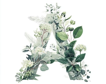 26 imágenes prediseñadas del alfabeto floral, imágenes prediseñadas del alfabeto verde, gráficos del alfabeto floral en acuarela, alfabeto floral de primavera, letras alfabéticas florales
