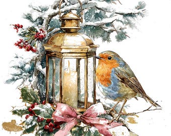 14 Robin and Lantern Clipart, Winter Festive, Christmas Card, Printable Watercolor, High Quality JPG, Paper Craft, Junk Journal