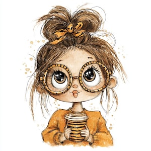 May include: Watercolor illustration of a girl with brown hair in a messy bun, wearing round glasses with a leopard print design, and an orange sweater. She is holding a coffee cup with a striped design.