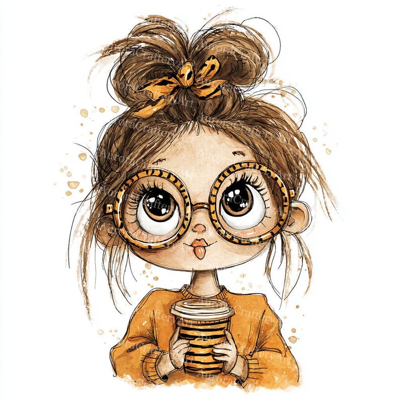 May include: Watercolor illustration of a girl with brown hair in a messy bun, wearing round glasses with a leopard print design, and an orange sweater. She is holding a coffee cup with a striped design.