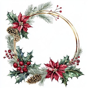 Pode incluir: Ilustração em aquarela de uma grinalda de Natal. A grinalda apresenta poinsétias vermelhas, folhas verdes de azevinho, agulhas de pinheiro, bagas vermelhas e pinhas, dispostas em torno de uma moldura circular dourada sobre um fundo branco.