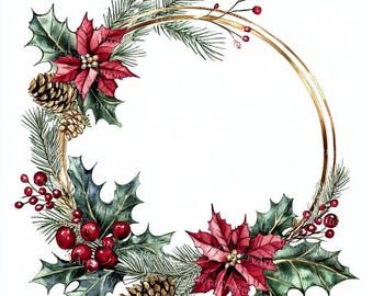 35 Gold Foil Christmas Frame Clipart, Xmas Gold Frame Border, Merry Christmas Holiday Wreaths, Winter Greenery Border Frames