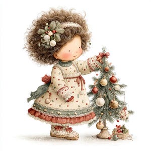 May include: A watercolor illustration of a young child decorating a small Christmas tree. The child wears a cream-colored dress with red polka dots and trim, and matching boots. The tree is adorned with red, gold, and white ornaments, and a small gift box sits at the base.