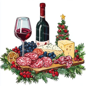Puede incluir: Ilustración festiva de una tabla de embutidos con una botella de vino tinto, una copa de vino, queso, uvas, salami y un pequeño árbol de Navidad. La tabla está decorada con vegetación y bayas.