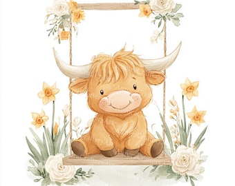 31 Floral Highland Cow Clipart: Watercolor Farm Animal JPGs (Digital Download)