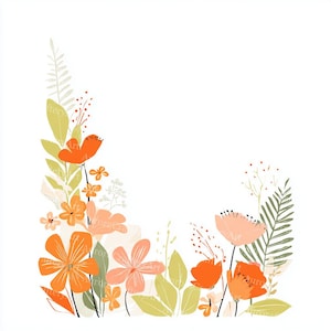 May include: A floral illustration featuring orange and peach flowers with green and yellow leaves. The design includes various flower shapes and sizes, creating a vibrant and natural aesthetic. The artwork is set against a white background.