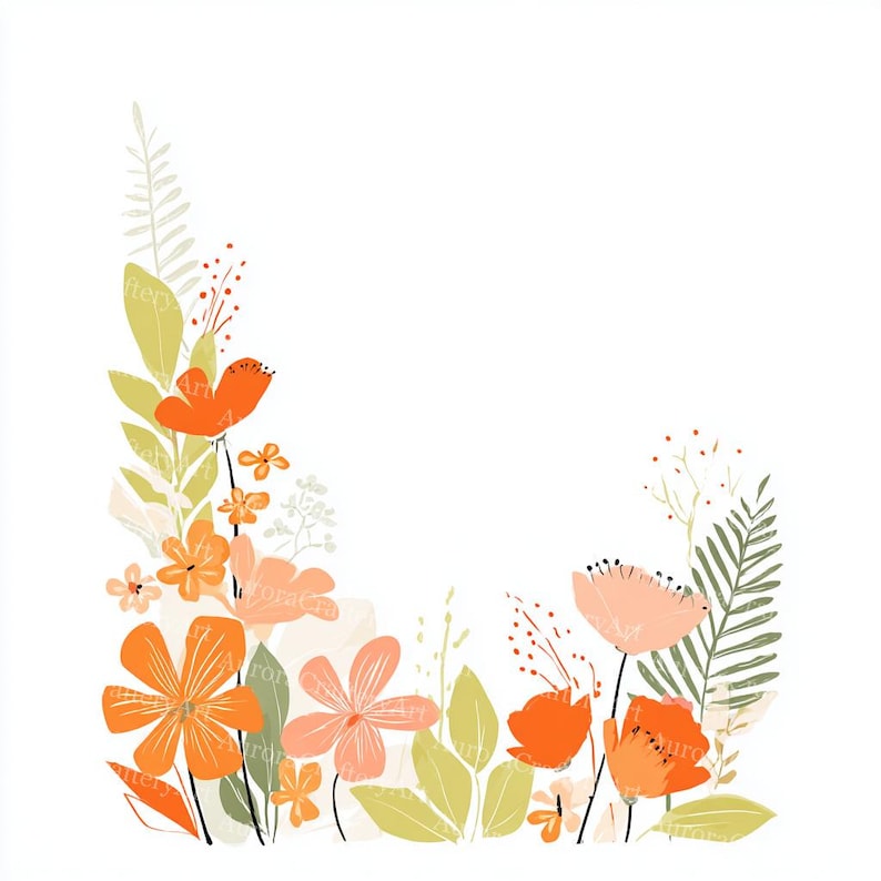 May include: A floral illustration featuring orange and peach flowers with green and yellow leaves. The design includes various flower shapes and sizes, creating a vibrant and natural aesthetic. The artwork is set against a white background.