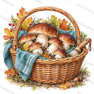 May include: A woven wicker basket filled with several brown-capped porcini mushrooms, a teal fabric cloth, and a small wooden mushroom cleaning brush. The arrangement is decorated with autumn-colored oak leaves, green sprigs, and red berries.