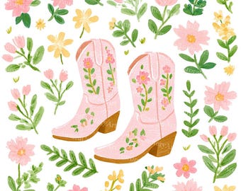 15 botas vaqueras rosas con flores, lindas botas vaqueras, acuarela imprimible, archivos JPG de alta calidad, manualidades de papel, diario basura