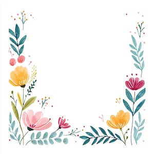 May include: Watercolor floral border design featuring yellow, pink, and red flowers with green and blue leaves. The flowers and leaves are arranged in a decorative corner pattern on a white background. The design is suitable for invitations or stationery.