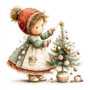 May include: Watercolor illustration of a young child decorating a small Christmas tree. The child wears a red hat with snowflake details, a green dress, and a white apron. The tree is adorned with ornaments and a star.